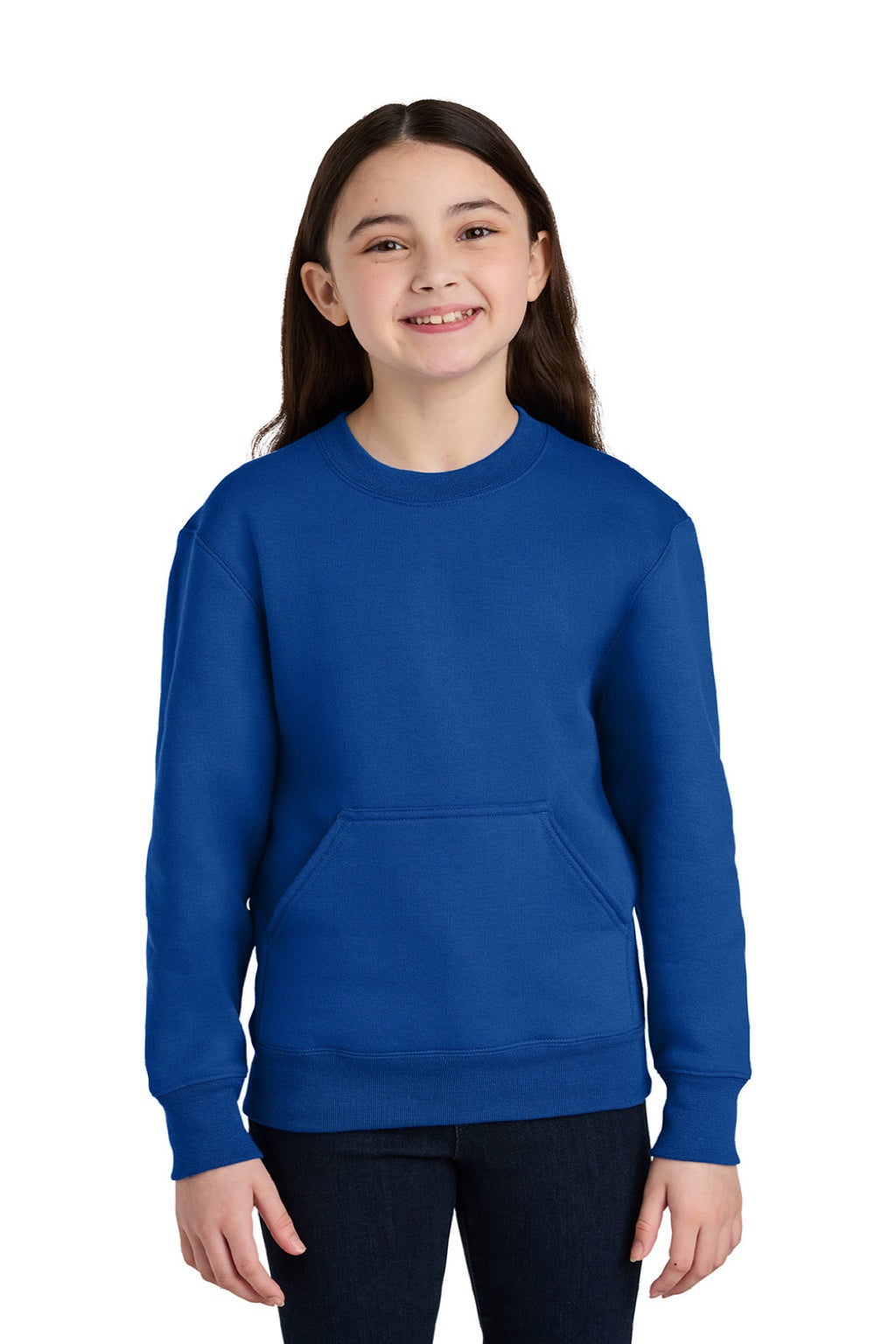 Port & Company PC78YPKT Youth Core Fleece Crewneck Sweatshirt w/ Pouch Pocket True Royal Blue Model Front