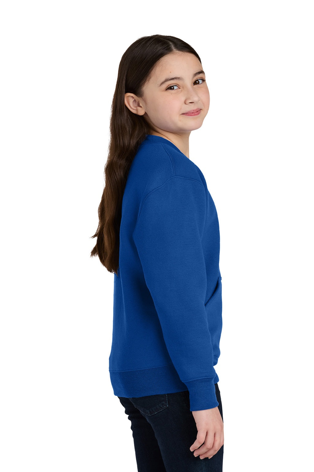 Port & Company PC78YPKT Youth Core Fleece Crewneck Sweatshirt w/ Pouch Pocket True Royal Blue Model Side