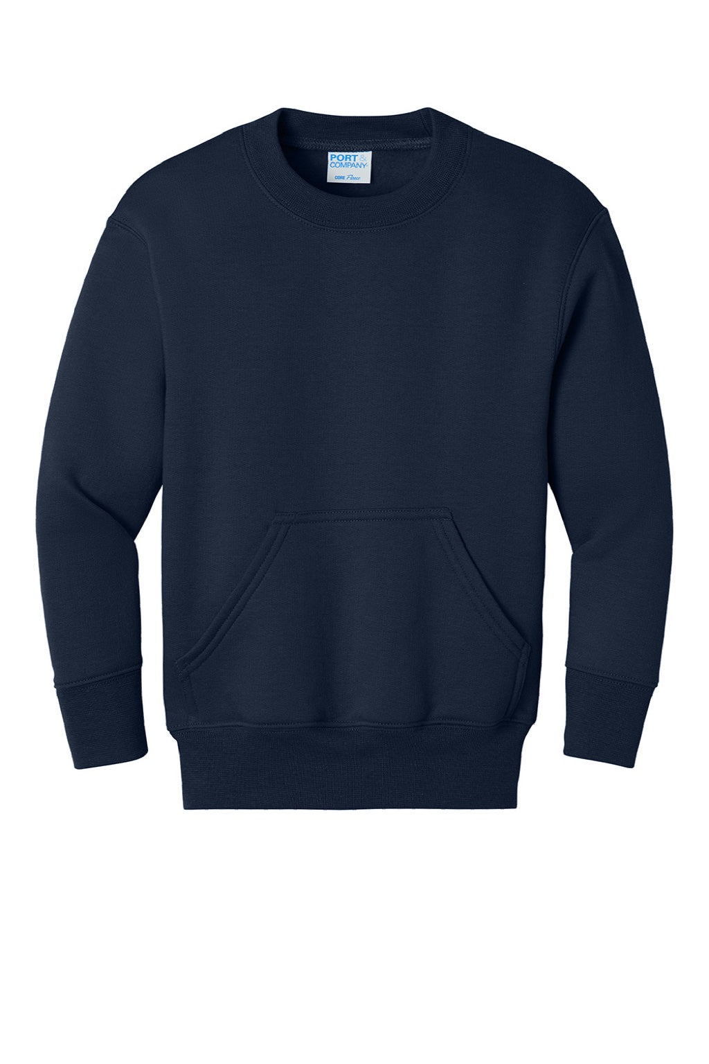 Port & Company PC78YPKT Youth Core Fleece Crewneck Sweatshirt w/ Pouch Pocket True Navy Blue Flat Front
