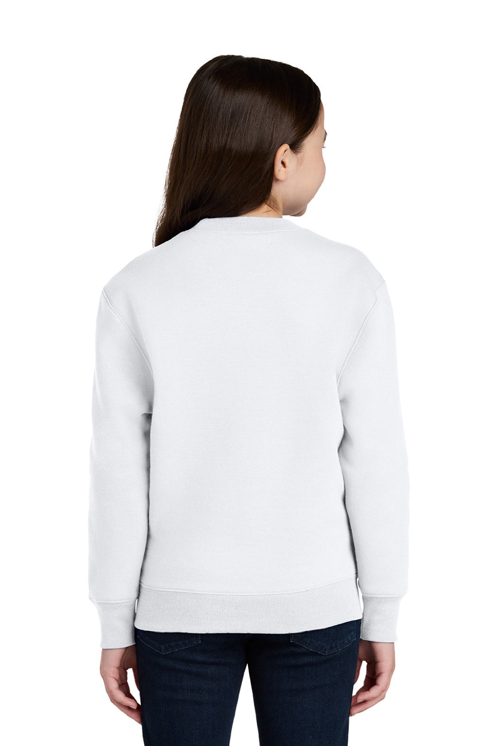 Port & Company PC78YPKT Youth Core Fleece Crewneck Sweatshirt w/ Pouch Pocket White Model Back