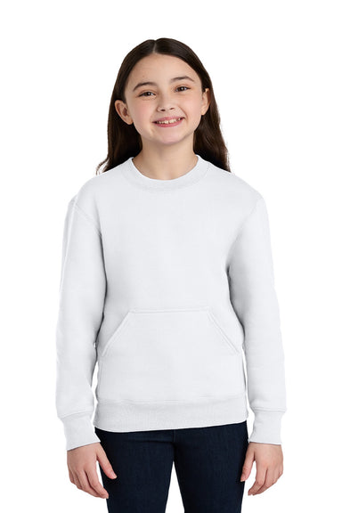 Port & Company PC78YPKT Youth Core Fleece Crewneck Sweatshirt w/ Pouch Pocket White Model Front