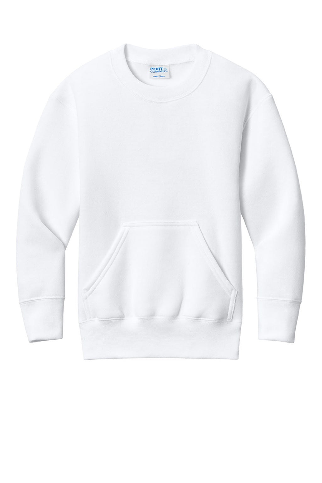 Port & Company PC78YPKT Youth Core Fleece Crewneck Sweatshirt w/ Pouch Pocket White Flat Front