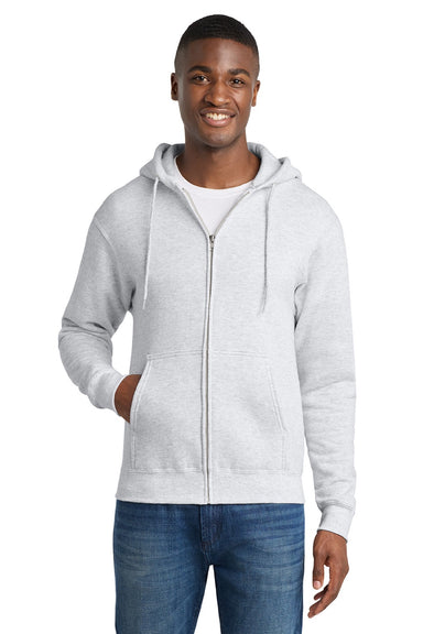 Port & Company PC78ZH Mens Core Pill Resistant Fleece Full Zip Hooded Sweatshirt Hoodie w/ Pockets Ash Grey Model Front