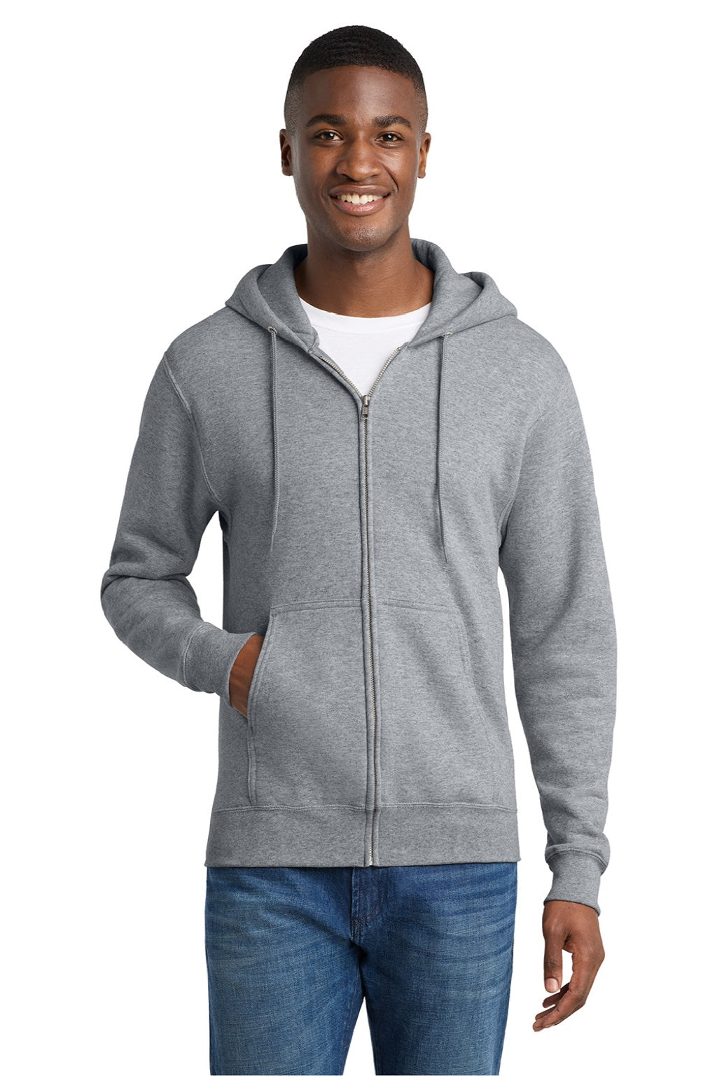 Port & Company PC78ZH Mens Core Pill Resistant Fleece Full Zip Hooded Sweatshirt Hoodie w/ Pockets Heather Grey Model Front