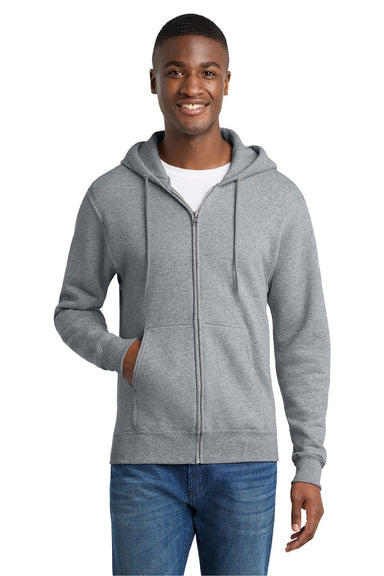 Port & Company PC78ZH Mens Core Pill Resistant Fleece Full Zip Hooded Sweatshirt Hoodie w/ Pockets Heather Grey Model Front