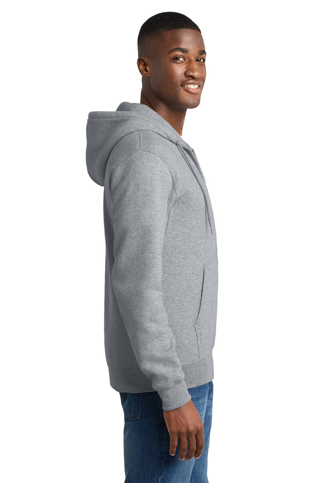 Port & Company PC78ZH Mens Core Pill Resistant Fleece Full Zip Hooded Sweatshirt Hoodie w/ Pockets Heather Grey Model Side