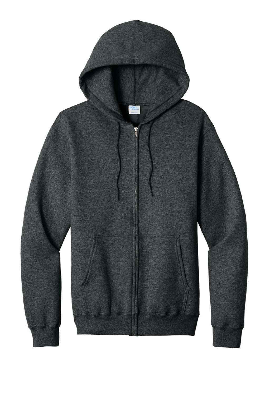 Port & Company PC78ZH Mens Core Pill Resistant Fleece Full Zip Hooded Sweatshirt Hoodie w/ Pockets Heather Black Flat Front