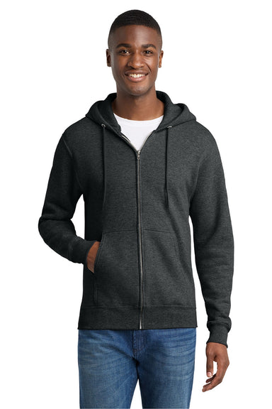 Port & Company PC78ZH Mens Core Pill Resistant Fleece Full Zip Hooded Sweatshirt Hoodie w/ Pockets Heather Black Model Front