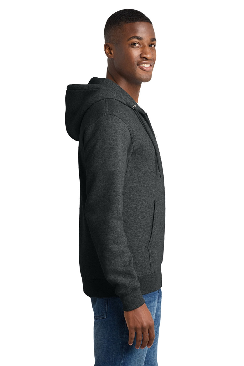 Port & Company PC78ZH Mens Core Pill Resistant Fleece Full Zip Hooded Sweatshirt Hoodie w/ Pockets Heather Black Model Side