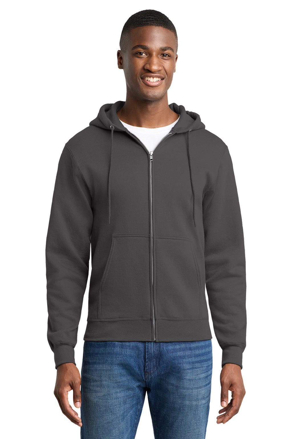 Port & Company PC78ZH Mens Core Pill Resistant Fleece Full Zip Hooded Sweatshirt Hoodie w/ Pockets Charcoal Grey Model Front