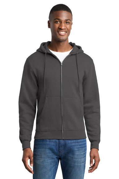 Port & Company PC78ZH Mens Core Pill Resistant Fleece Full Zip Hooded Sweatshirt Hoodie w/ Pockets Charcoal Grey Model Front