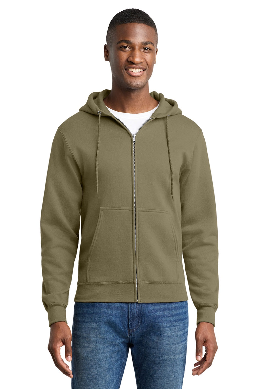 Port & Company PC78ZH Mens Core Pill Resistant Fleece Full Zip Hooded Sweatshirt Hoodie w/ Pockets Coyote Brown Model Front