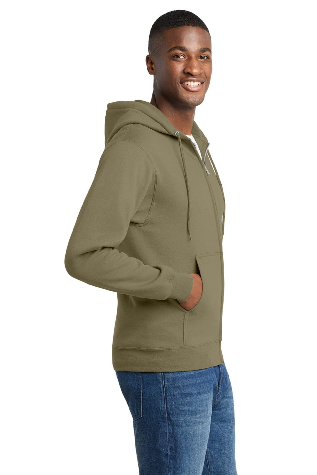 Port & Company PC78ZH Mens Core Pill Resistant Fleece Full Zip Hooded Sweatshirt Hoodie w/ Pockets Coyote Brown Model Side