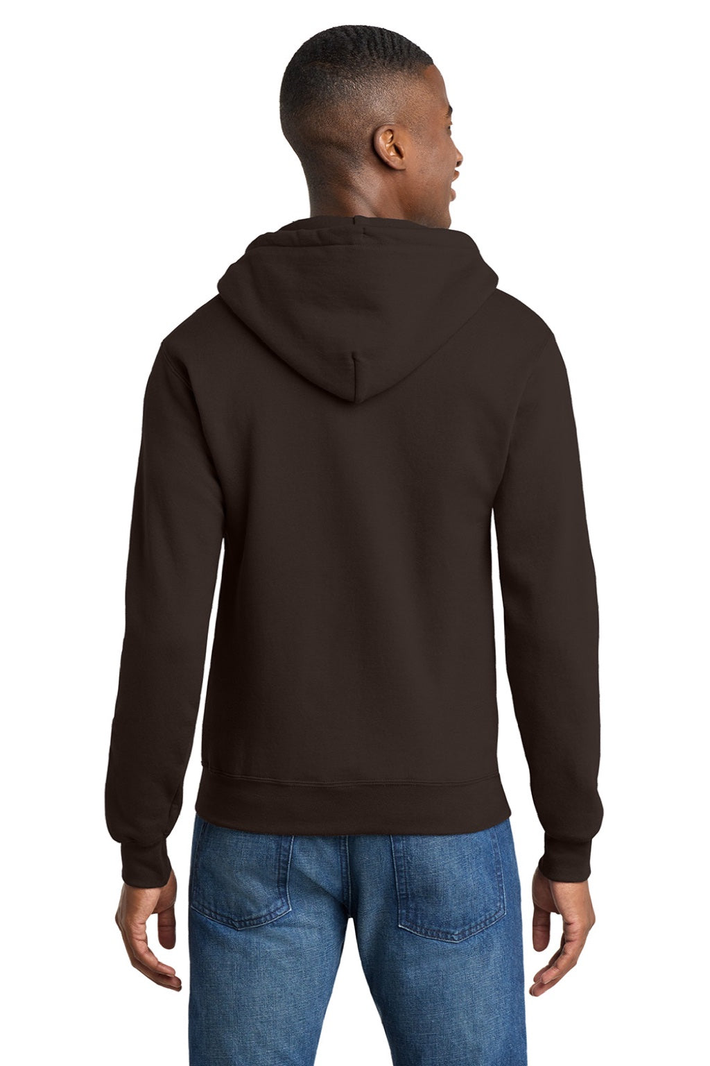 Port & Company PC78ZH Mens Core Pill Resistant Fleece Full Zip Hooded Sweatshirt Hoodie w/ Pockets Dark Chocolate Brown Model Back