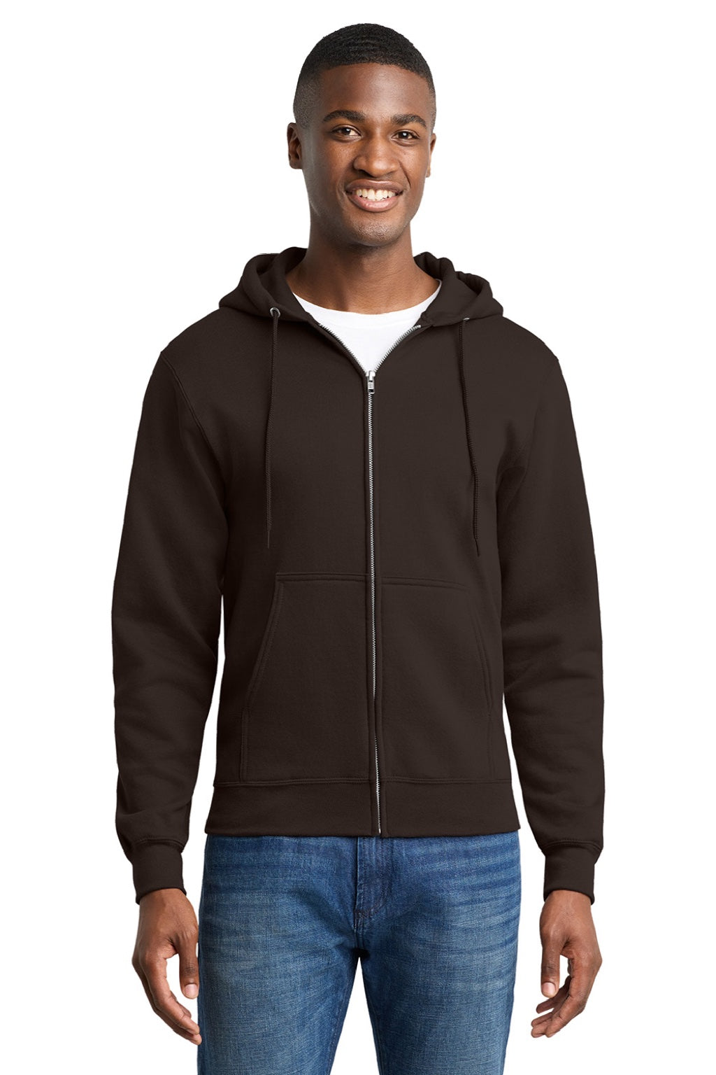 Port & Company PC78ZH Mens Core Pill Resistant Fleece Full Zip Hooded Sweatshirt Hoodie w/ Pockets Dark Chocolate Brown Model Front