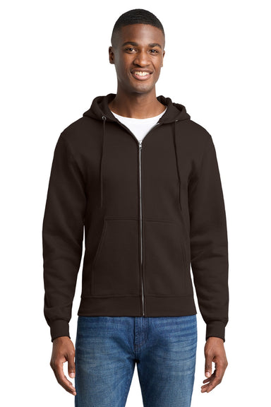 Port & Company PC78ZH Mens Core Pill Resistant Fleece Full Zip Hooded Sweatshirt Hoodie w/ Pockets Dark Chocolate Brown Model Front