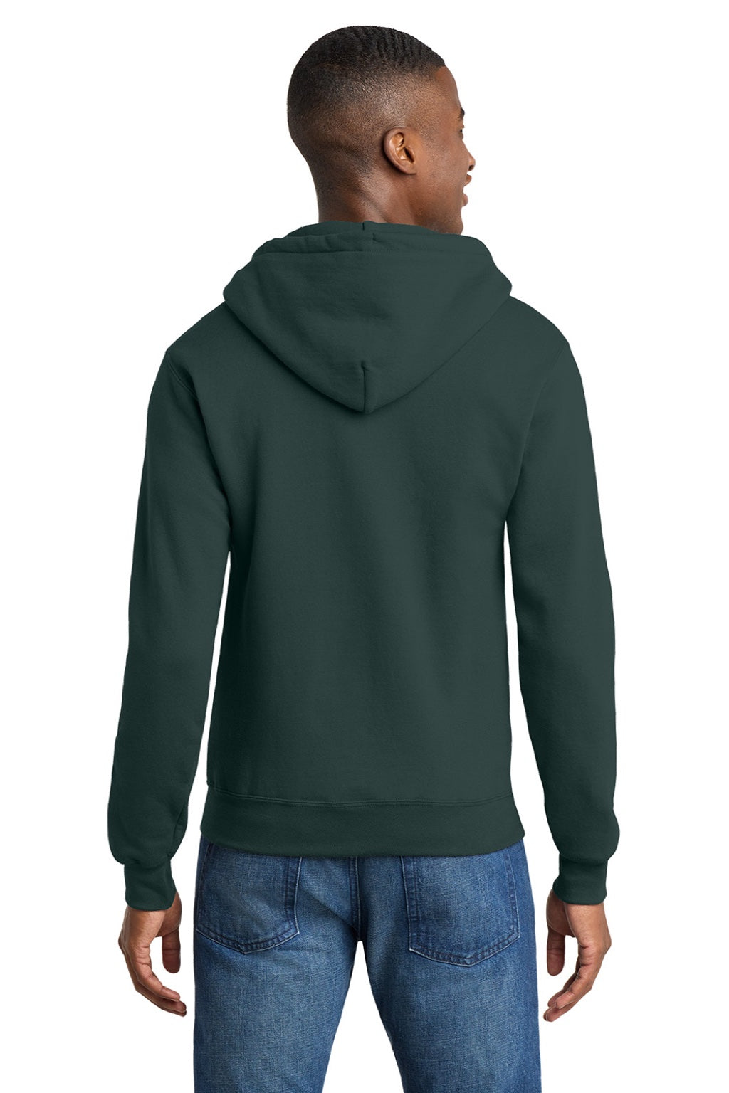 Port & Company PC78ZH Mens Core Pill Resistant Fleece Full Zip Hooded Sweatshirt Hoodie w/ Pockets Dark Green Model Back