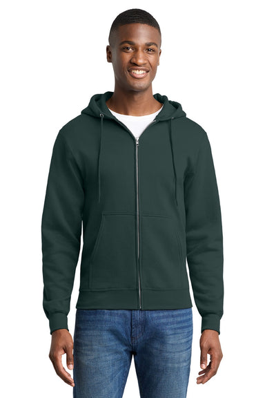 Port & Company PC78ZH Mens Core Pill Resistant Fleece Full Zip Hooded Sweatshirt Hoodie w/ Pockets Dark Green Model Front