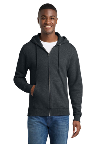 Port & Company PC78ZH Mens Core Pill Resistant Fleece Full Zip Hooded Sweatshirt Hoodie w/ Pockets Heather Dark Grey Model Front