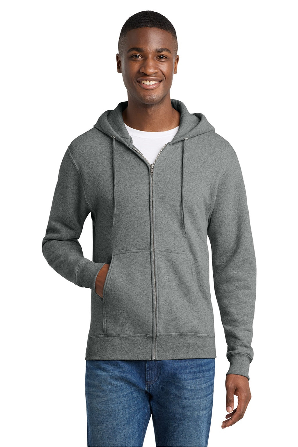 Port & Company PC78ZH Mens Core Pill Resistant Fleece Full Zip Hooded Sweatshirt Hoodie w/ Pockets Heather Graphite Grey Model Front