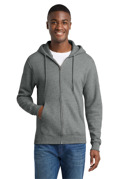 Port & Company PC78ZH Mens Core Pill Resistant Fleece Full Zip Hooded Sweatshirt Hoodie w/ Pockets Heather Graphite Grey Model Front