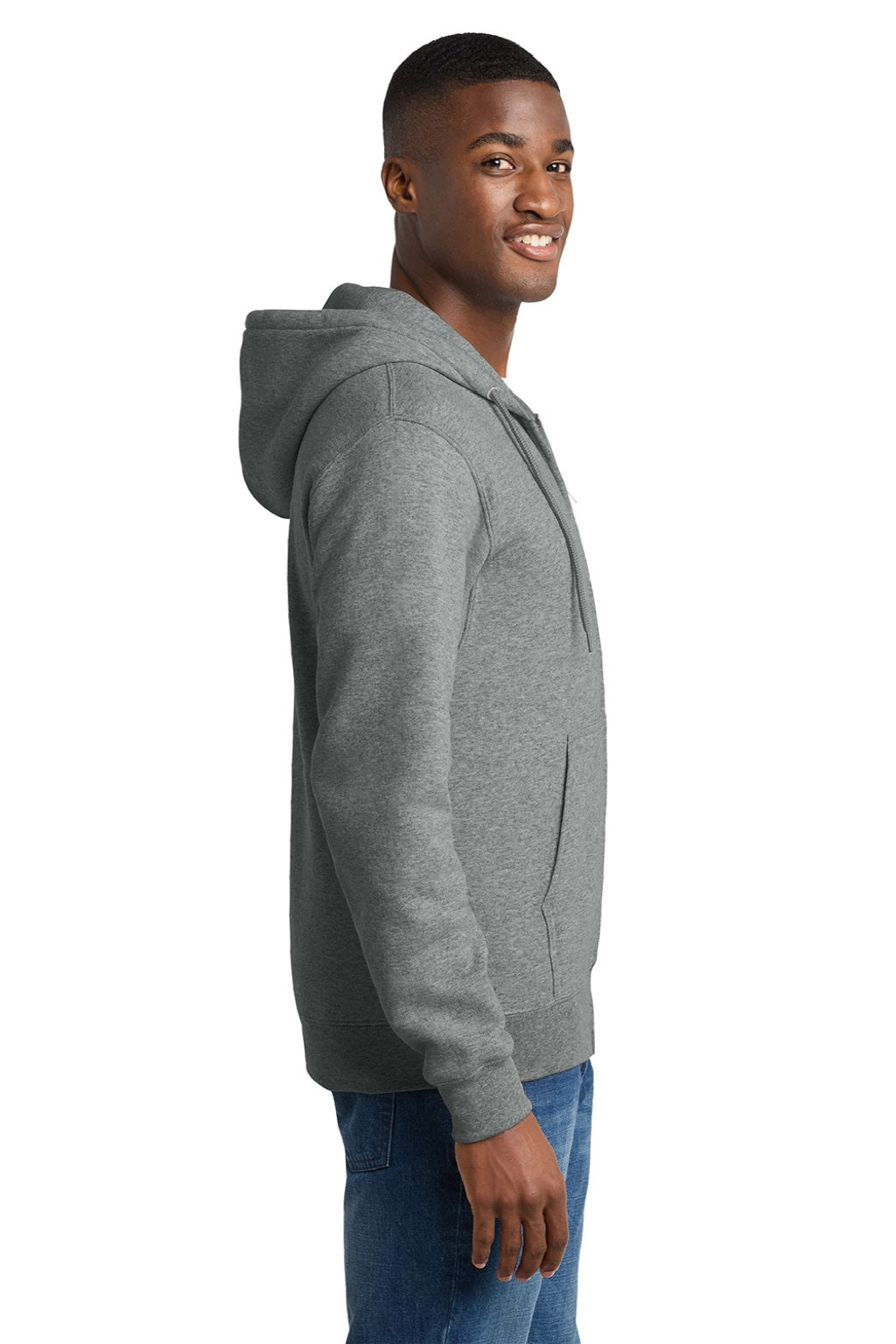 Port & Company PC78ZH Mens Core Pill Resistant Fleece Full Zip Hooded Sweatshirt Hoodie w/ Pockets Heather Graphite Grey Model Side