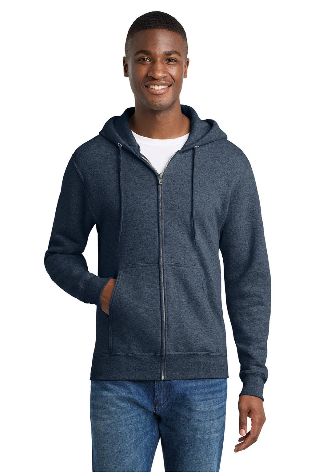 Port & Company PC78ZH Mens Core Pill Resistant Fleece Full Zip Hooded Sweatshirt Hoodie w/ Pockets Heather Navy Blue Model Front
