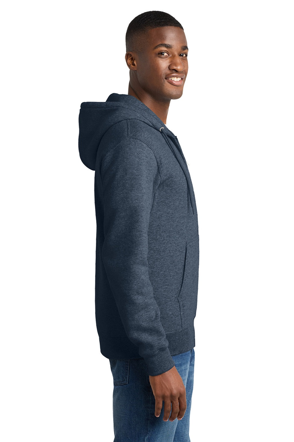 Port & Company PC78ZH Mens Core Pill Resistant Fleece Full Zip Hooded Sweatshirt Hoodie w/ Pockets Heather Navy Blue Model Side
