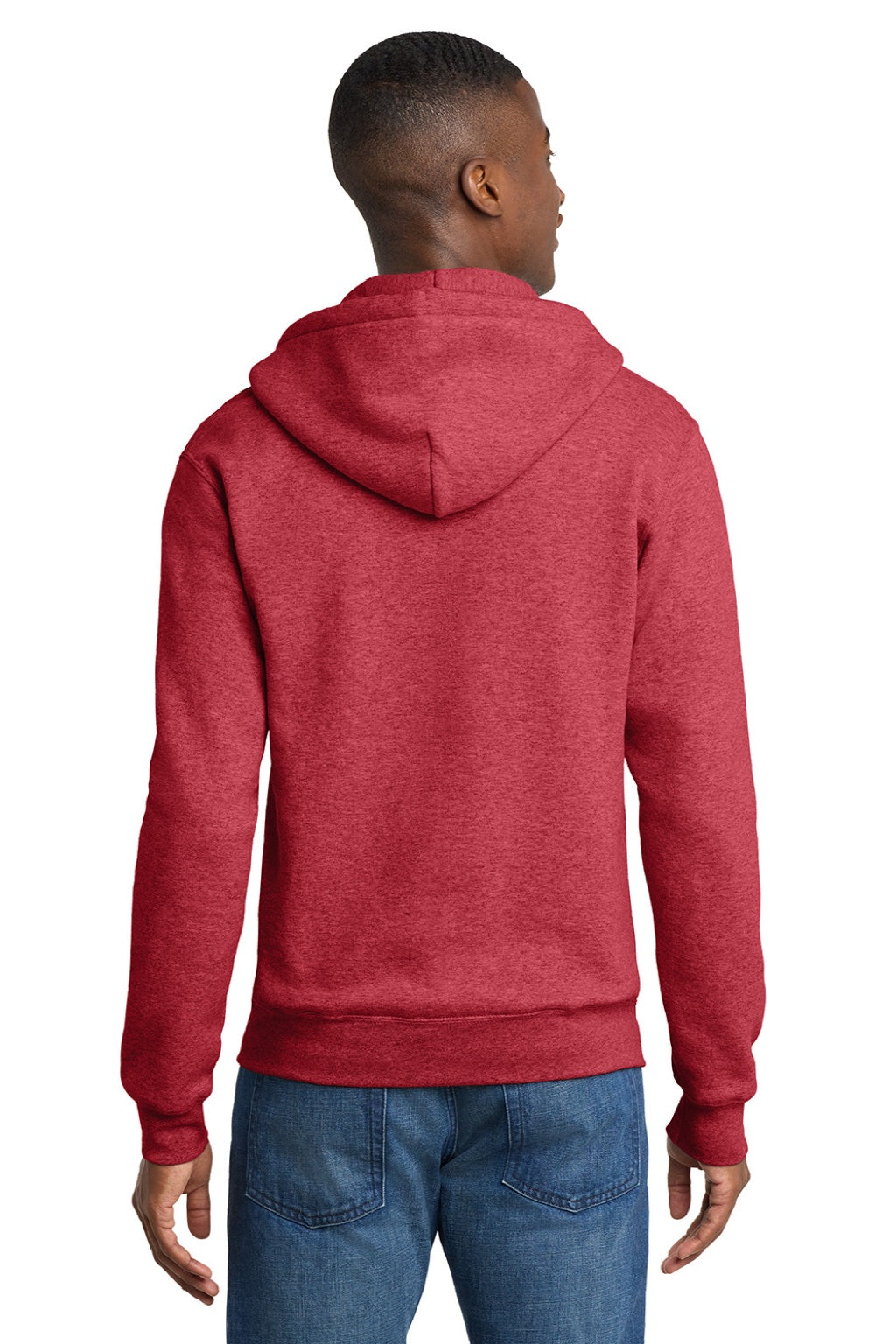 Port & Company PC78ZH Mens Core Pill Resistant Fleece Full Zip Hooded Sweatshirt Hoodie w/ Pockets Heather Red Model Back
