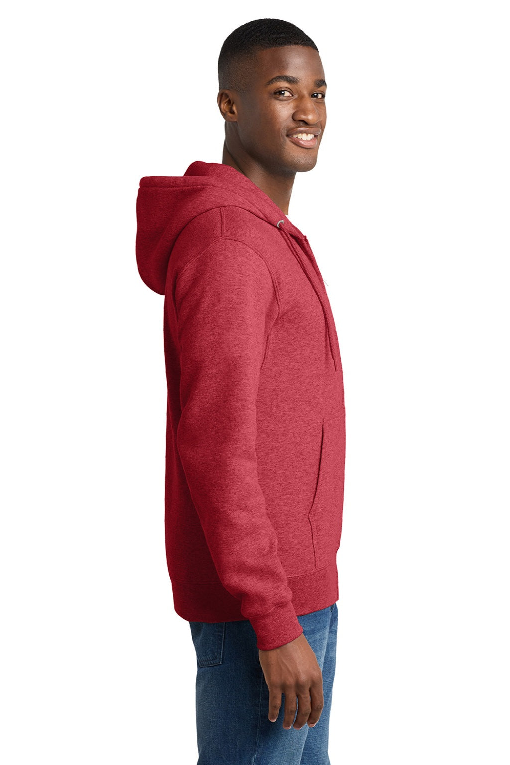 Port & Company PC78ZH Mens Core Pill Resistant Fleece Full Zip Hooded Sweatshirt Hoodie w/ Pockets Heather Red Model Side