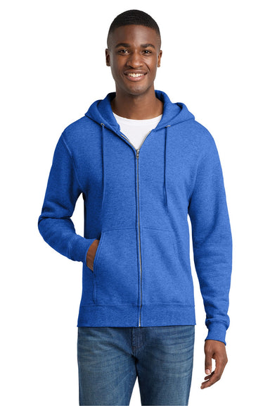 Port & Company PC78ZH Mens Core Pill Resistant Fleece Full Zip Hooded Sweatshirt Hoodie w/ Pockets Heather Royal Blue Model Front