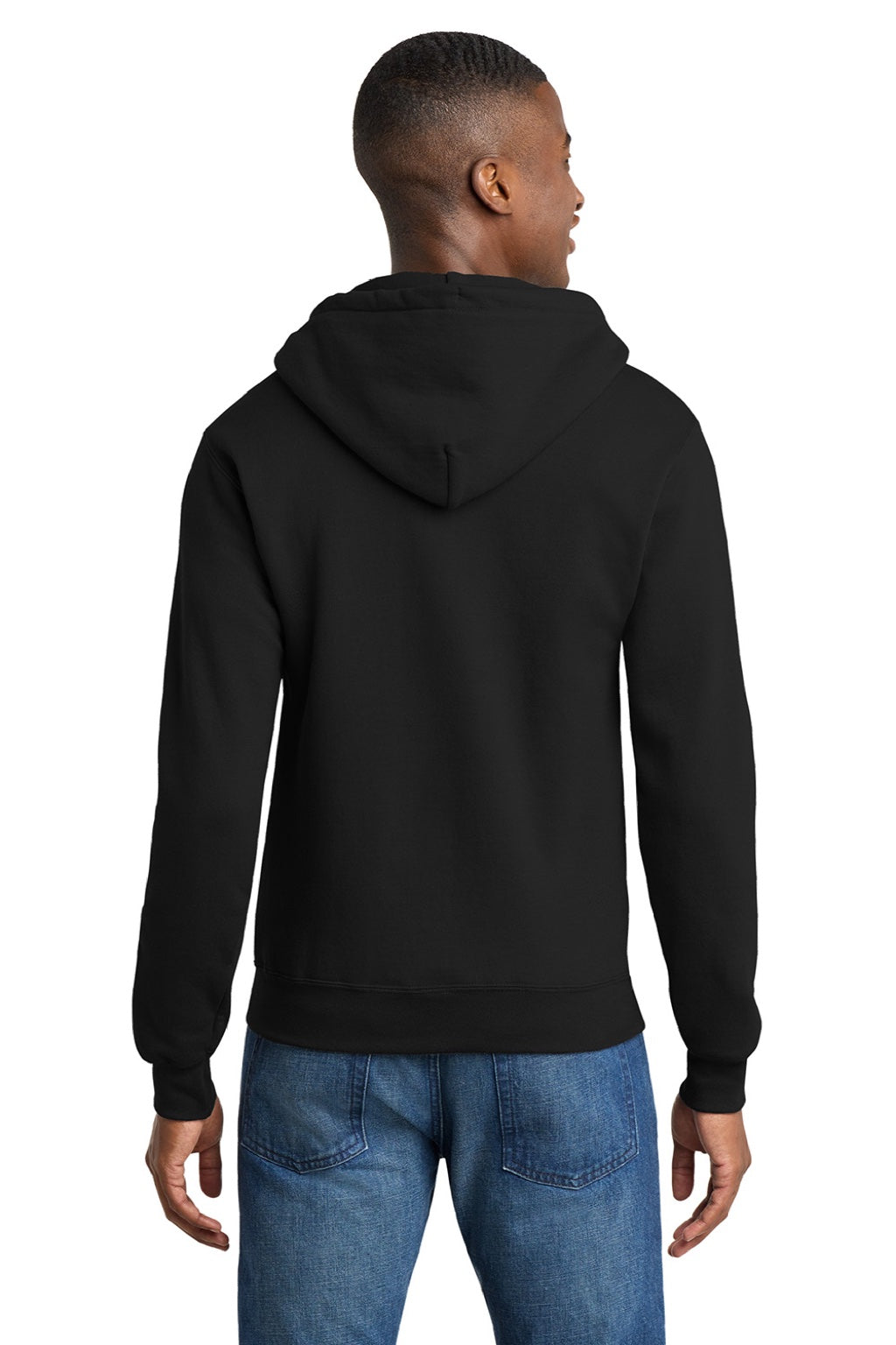 Port & Company PC78ZH Mens Core Pill Resistant Fleece Full Zip Hooded Sweatshirt Hoodie w/ Pockets Jet Black Model Back