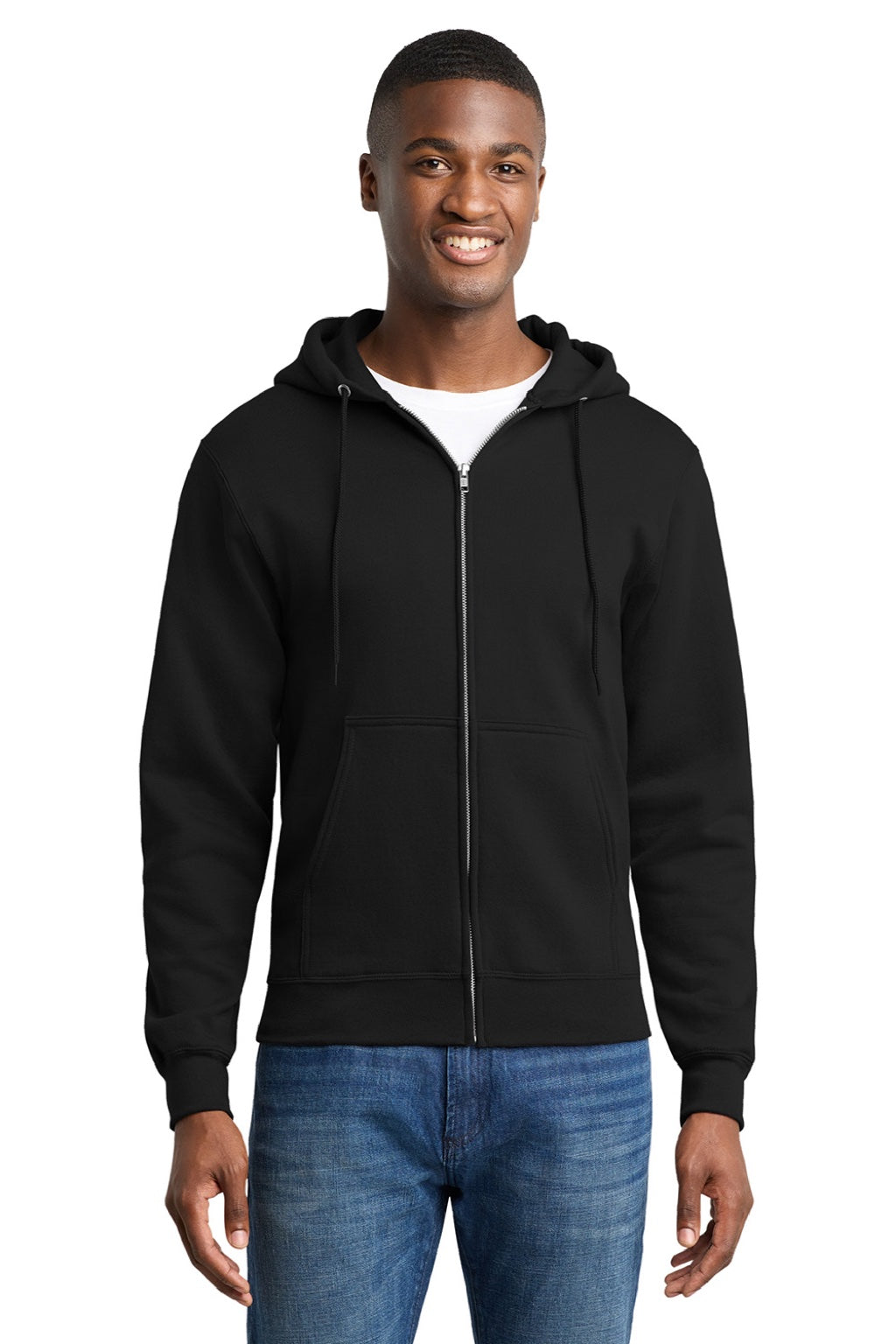 Port & Company PC78ZH Mens Core Pill Resistant Fleece Full Zip Hooded Sweatshirt Hoodie w/ Pockets Jet Black Model Front
