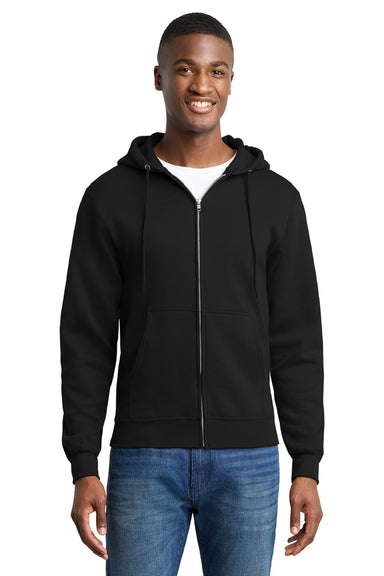 Port & Company PC78ZH Mens Core Pill Resistant Fleece Full Zip Hooded Sweatshirt Hoodie w/ Pockets Jet Black Model Front