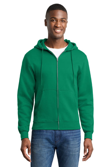 Port & Company PC78ZH Mens Core Pill Resistant Fleece Full Zip Hooded Sweatshirt Hoodie w/ Pockets Kelly Green Model Front