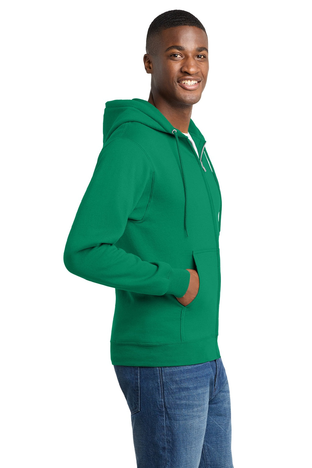 Port & Company PC78ZH Mens Core Pill Resistant Fleece Full Zip Hooded Sweatshirt Hoodie w/ Pockets Kelly Green Model Side