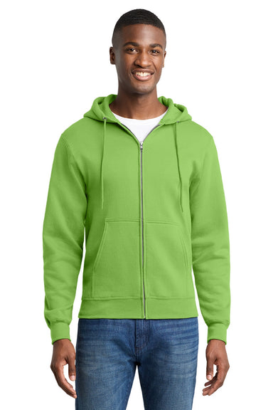 Port & Company PC78ZH Mens Core Pill Resistant Fleece Full Zip Hooded Sweatshirt Hoodie w/ Pockets Lime Green Model Front