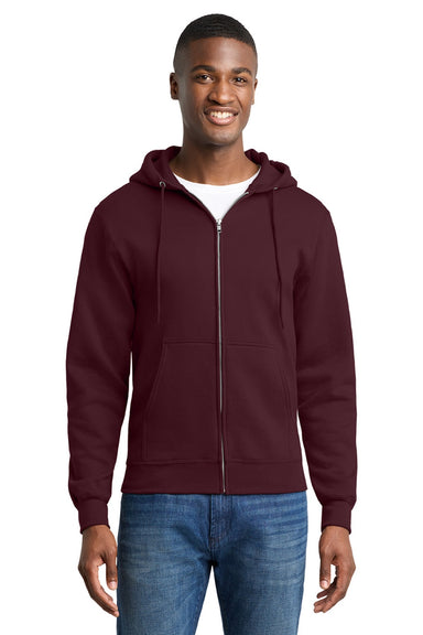 Port & Company PC78ZH Mens Core Pill Resistant Fleece Full Zip Hooded Sweatshirt Hoodie w/ Pockets Maroon Model Front