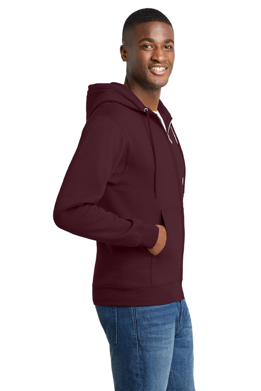 Port & Company PC78ZH Mens Core Pill Resistant Fleece Full Zip Hooded Sweatshirt Hoodie w/ Pockets Maroon Model Side