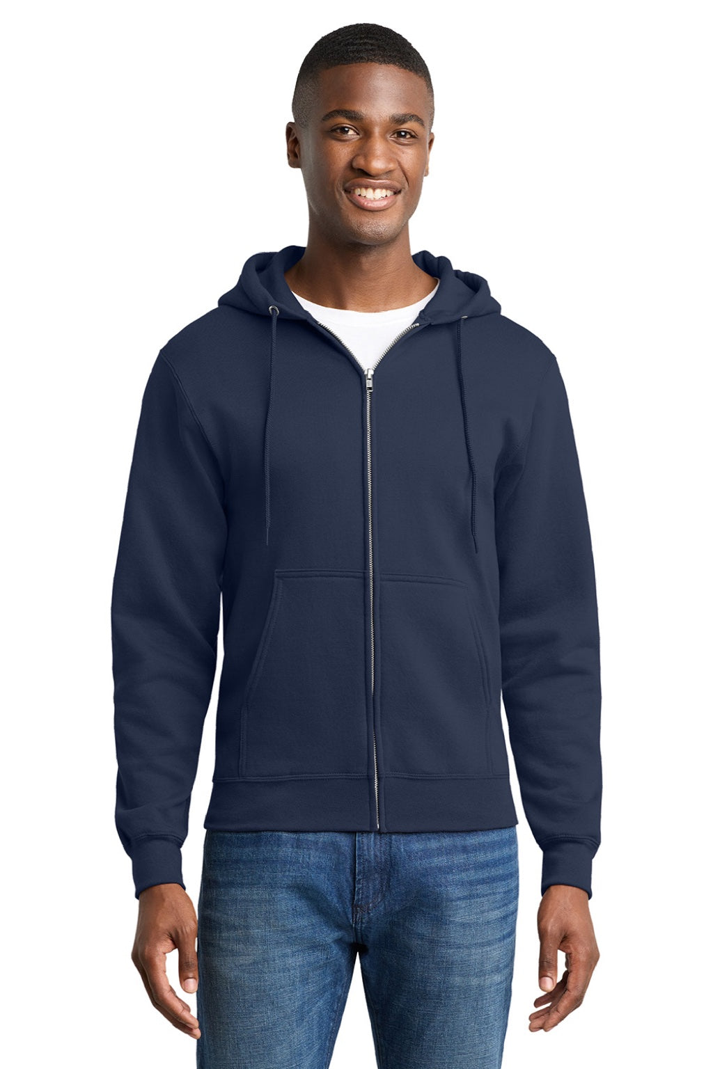 Port & Company PC78ZH Mens Core Pill Resistant Fleece Full Zip Hooded Sweatshirt Hoodie w/ Pockets Navy Blue Model Front