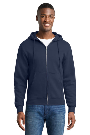 Port & Company PC78ZH Mens Core Pill Resistant Fleece Full Zip Hooded Sweatshirt Hoodie w/ Pockets Navy Blue Model Front