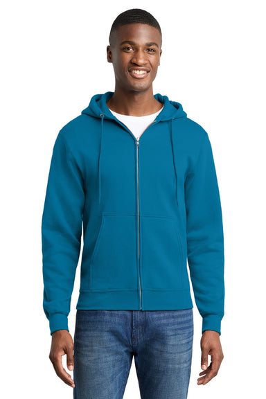 Port & Company PC78ZH Mens Core Pill Resistant Fleece Full Zip Hooded Sweatshirt Hoodie w/ Pockets Neon Blue Model Front