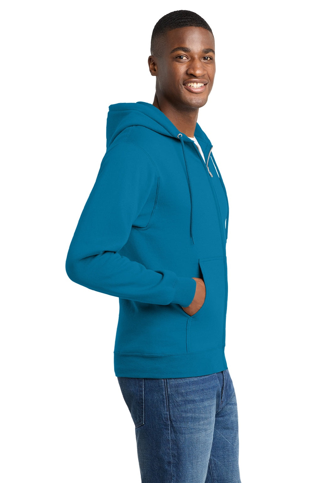 Port & Company PC78ZH Mens Core Pill Resistant Fleece Full Zip Hooded Sweatshirt Hoodie w/ Pockets Neon Blue Model Side