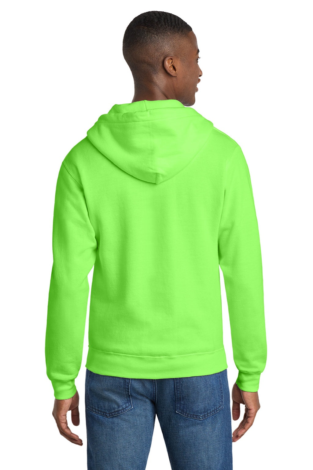 Port & Company PC78ZH Mens Core Pill Resistant Fleece Full Zip Hooded Sweatshirt Hoodie w/ Pockets Neon Green Model Back