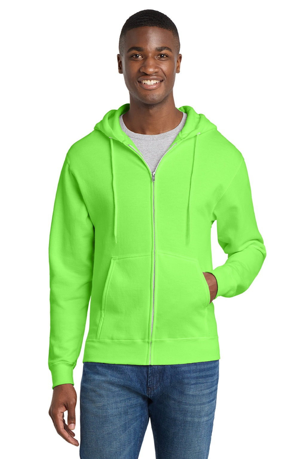 Port & Company PC78ZH Mens Core Pill Resistant Fleece Full Zip Hooded Sweatshirt Hoodie w/ Pockets Neon Green Model Front