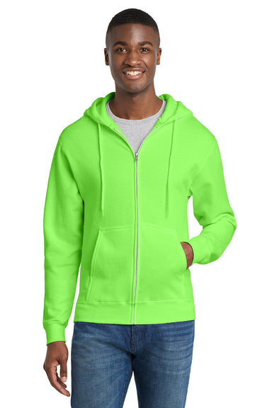 Port & Company PC78ZH Mens Core Pill Resistant Fleece Full Zip Hooded Sweatshirt Hoodie w/ Pockets Neon Green Model Front