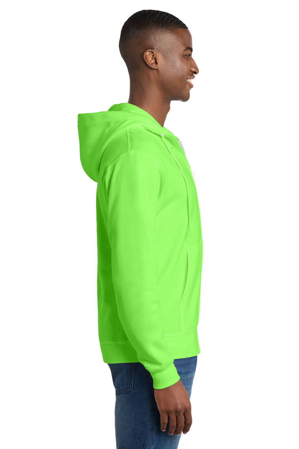 Port & Company PC78ZH Mens Core Pill Resistant Fleece Full Zip Hooded Sweatshirt Hoodie w/ Pockets Neon Green Model Side