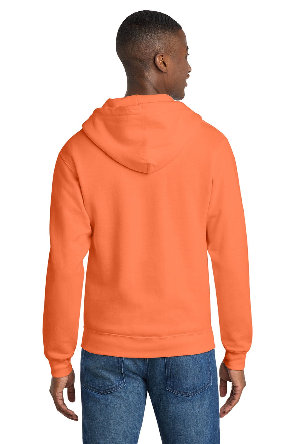 Port & Company PC78ZH Mens Core Pill Resistant Fleece Full Zip Hooded Sweatshirt Hoodie w/ Pockets Neon Orange Model Back