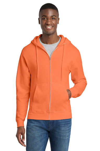 Port & Company PC78ZH Mens Core Pill Resistant Fleece Full Zip Hooded Sweatshirt Hoodie w/ Pockets Neon Orange Model Front