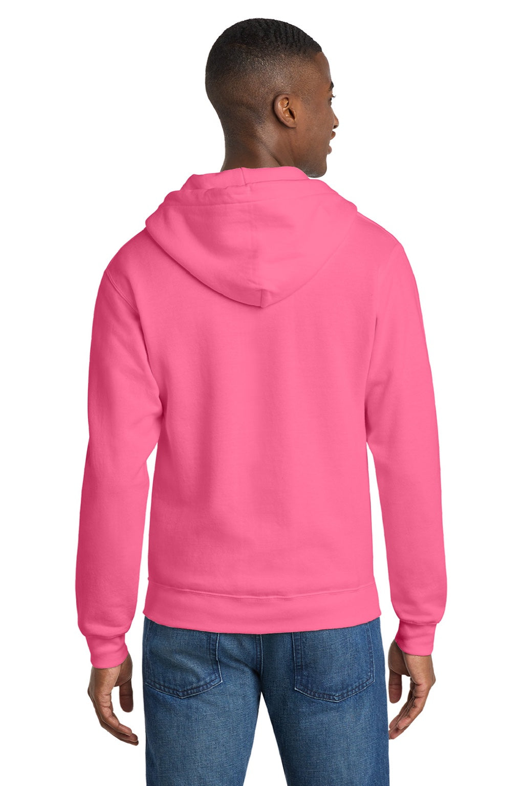 Port & Company PC78ZH Mens Core Pill Resistant Fleece Full Zip Hooded Sweatshirt Hoodie w/ Pockets Neon Pink Model Back